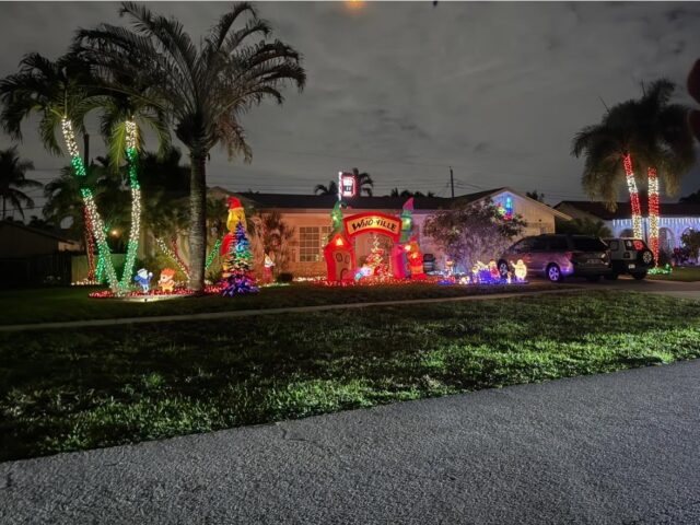 Palm trees wrapped in green and red lights in front of a decorated house