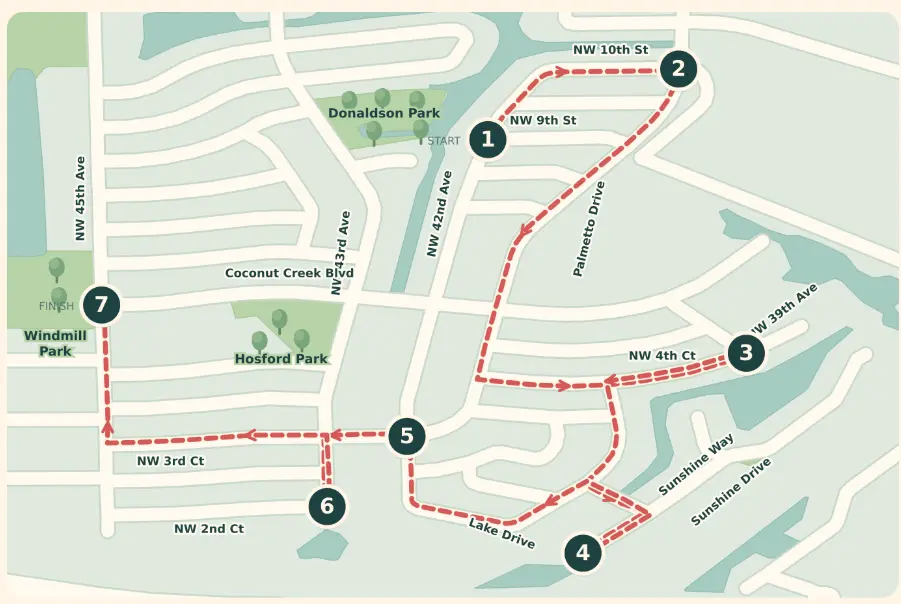 Map of Santa’s approved route. The stop list beside it has the same information as text.